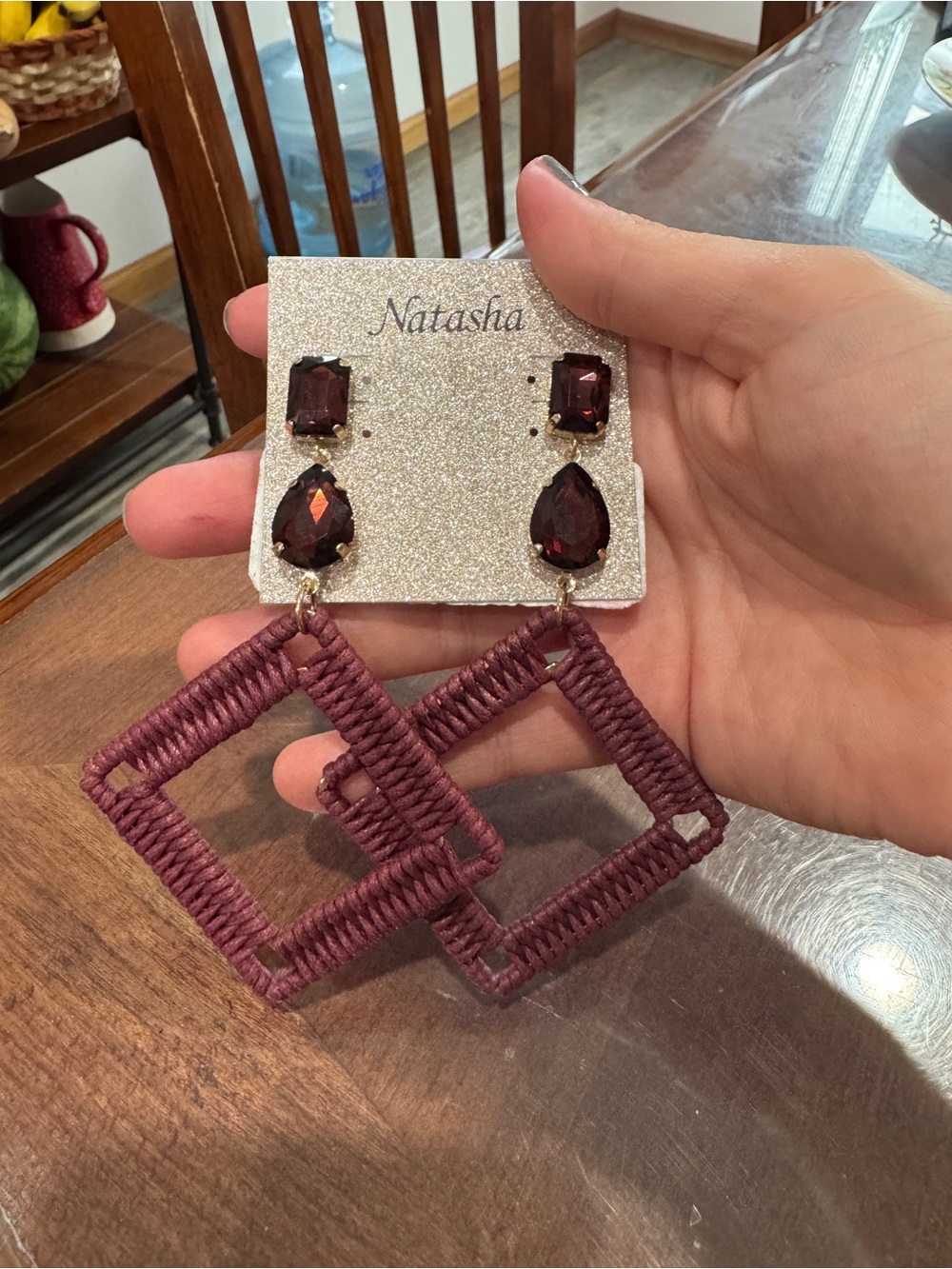 Natasha Couture Deep Plum Gem & Woven Square Drop Earrings